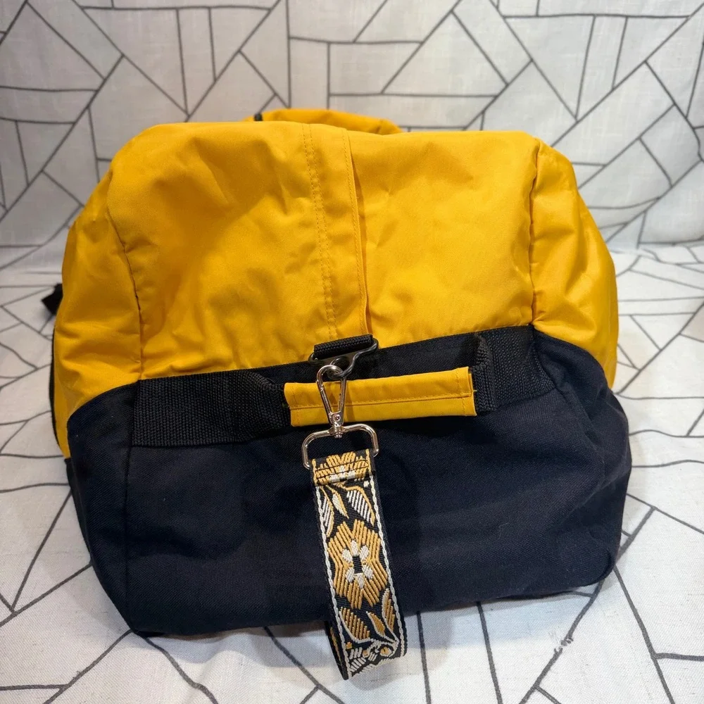 L.L. Bean Duffle Bag Large Yellow Black Floral Strap Travel Luggage Carry On